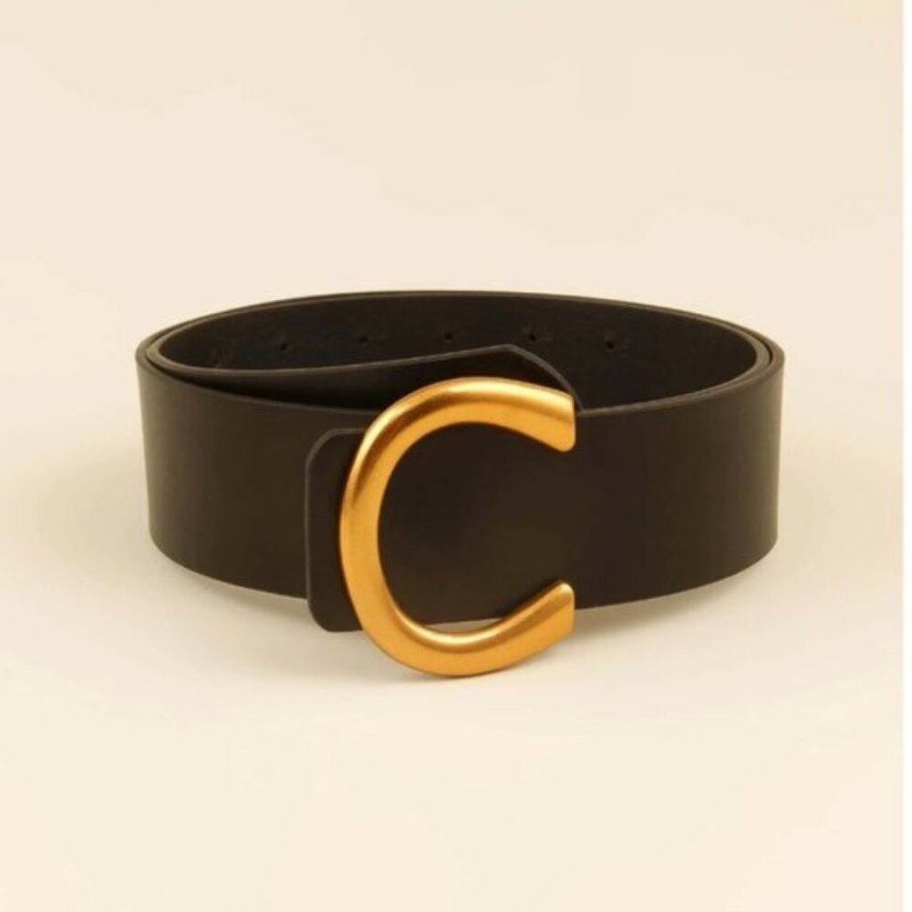 Wide Vegan Leather Oversized Gold Buckle Belt